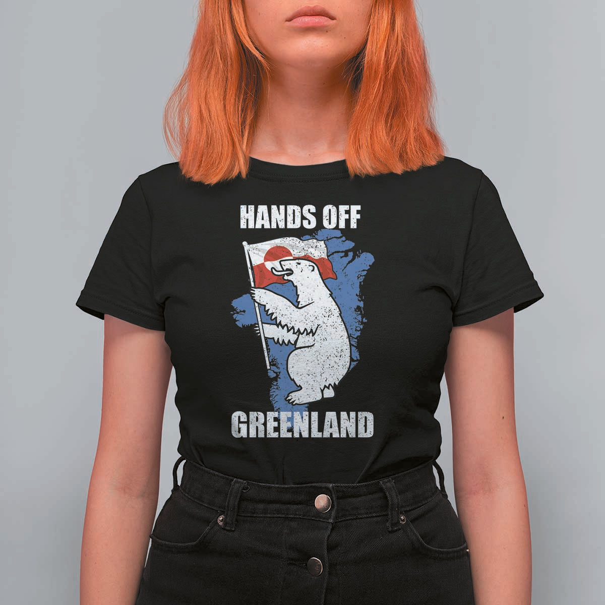 Hands Off Greenland Protest T Shirt For Women Support Greenland Bear Holding Flag