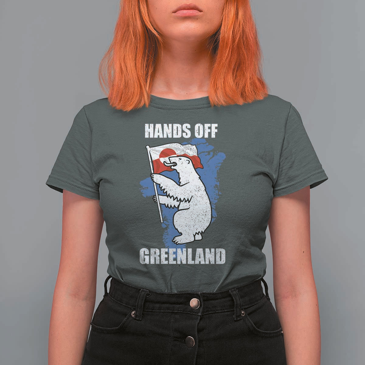 Hands Off Greenland Protest T Shirt For Women Support Greenland Bear Holding Flag