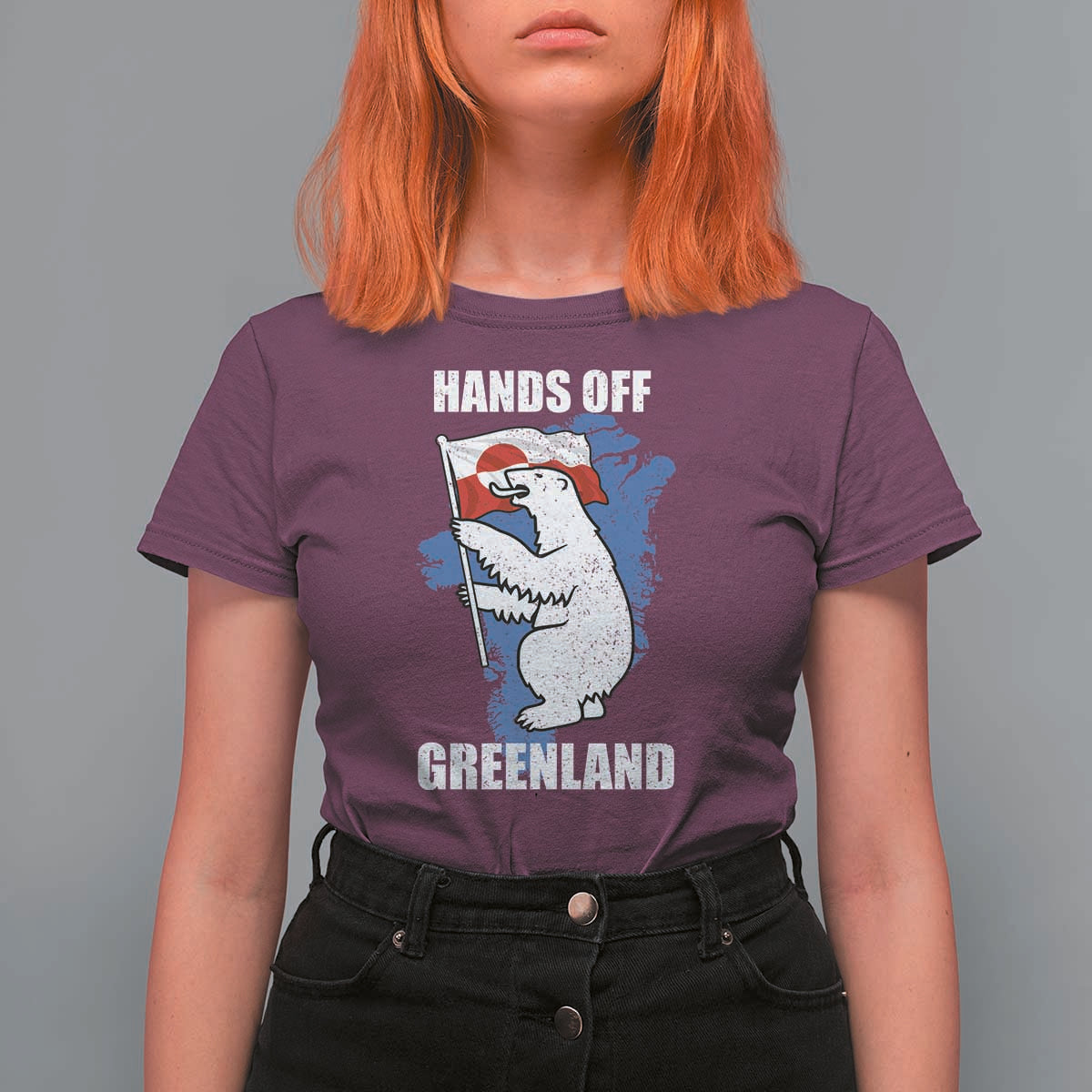 Hands Off Greenland Protest T Shirt For Women Support Greenland Bear Holding Flag