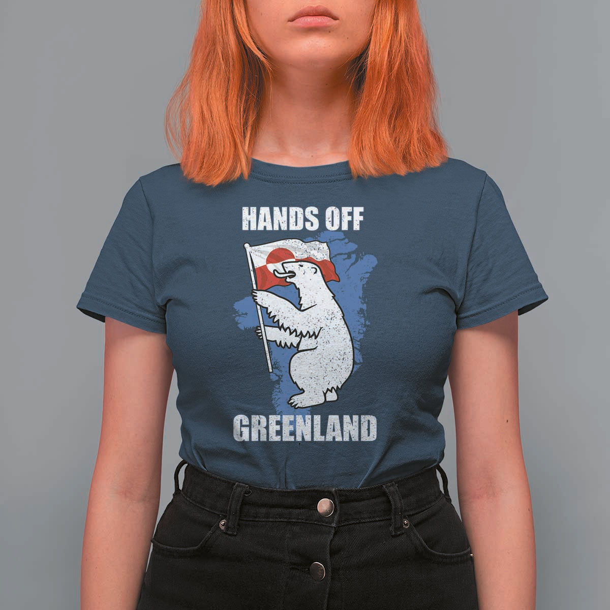 Hands Off Greenland Protest T Shirt For Women Support Greenland Bear Holding Flag