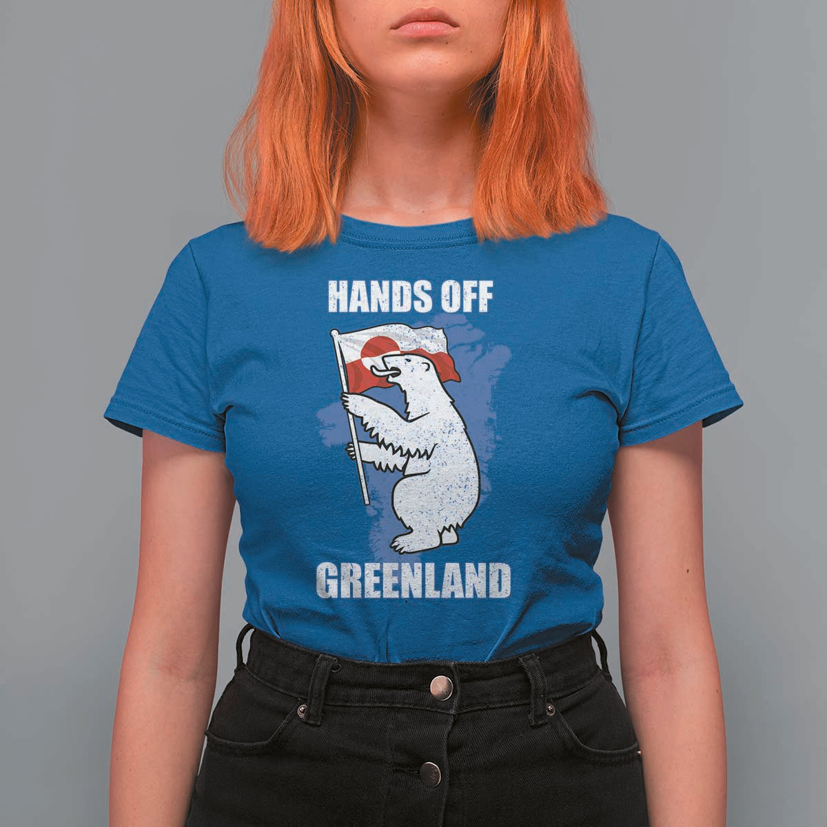 Hands Off Greenland Protest T Shirt For Women Support Greenland Bear Holding Flag