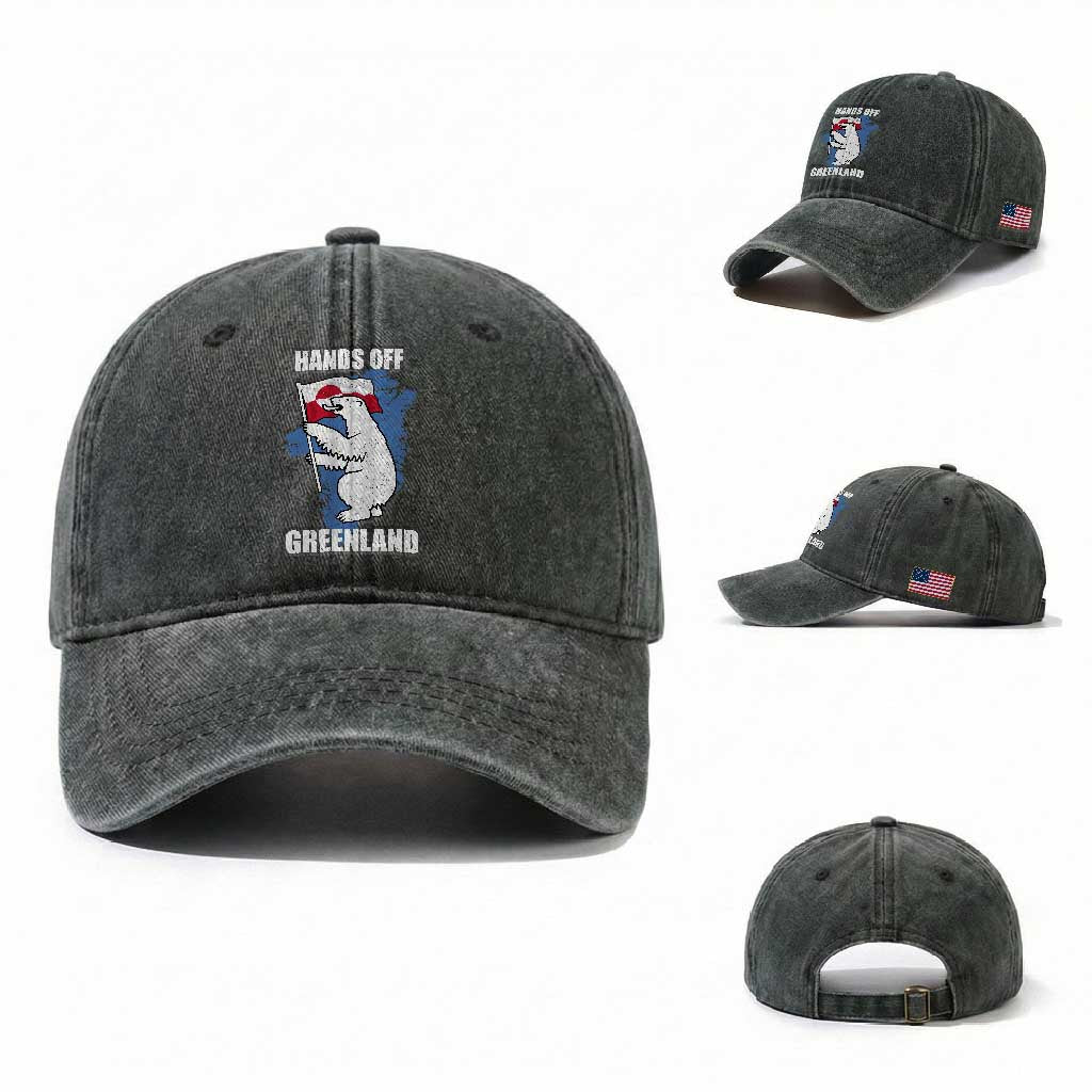 Hands Off Greenland Protest Washed Cotton Baseball Cap Support Greenland Bear Holding Flag
