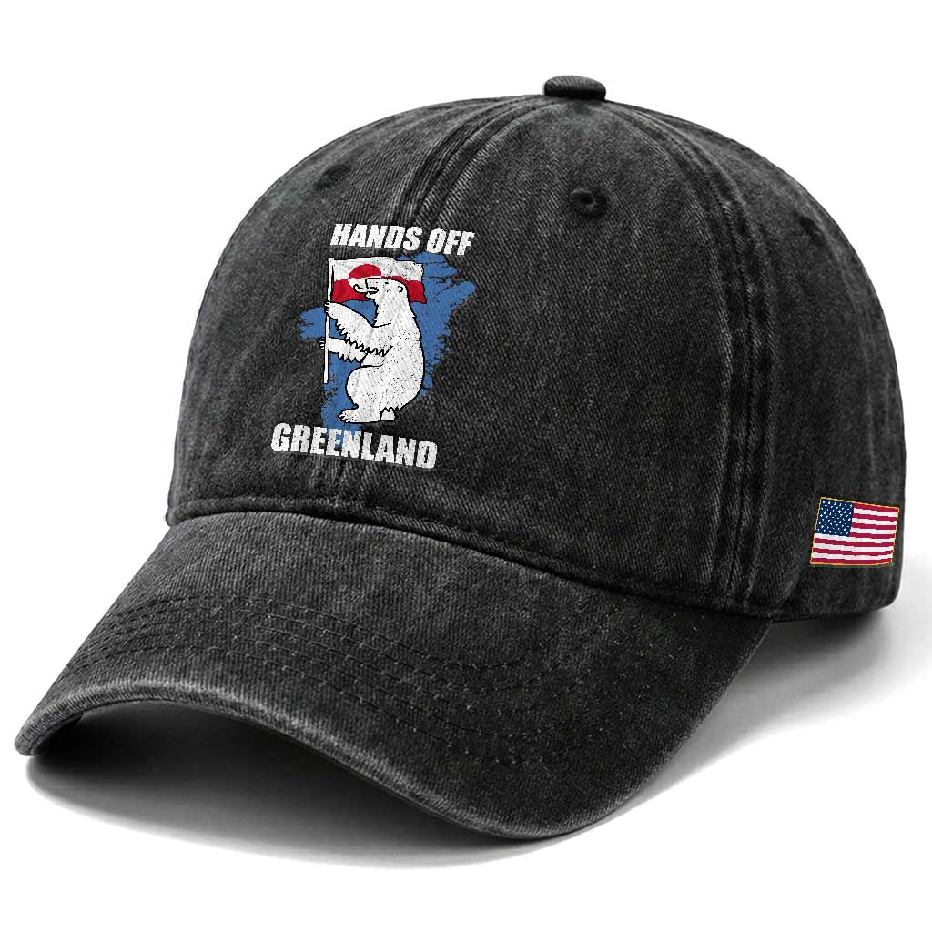 Hands Off Greenland Protest Washed Cotton Baseball Cap Support Greenland Bear Holding Flag