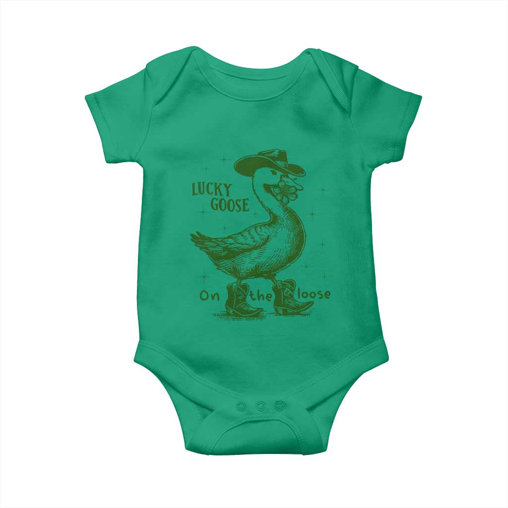 Funny St Patrick's Day Lucky Goose On The Loose Baby Onesie Cowboy Goose Shamrock