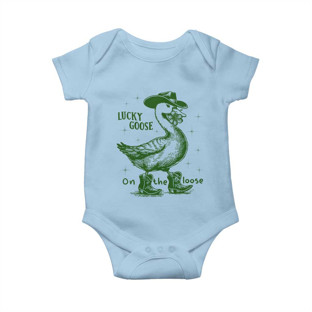 Funny St Patrick's Day Lucky Goose On The Loose Baby Onesie Cowboy Goose Shamrock