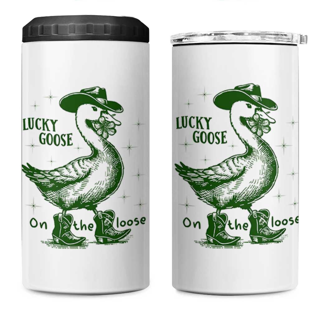Funny St Patrick's Day Lucky Goose On The Loose 4 in 1 Can Cooler Tumbler Cowboy Goose Shamrock