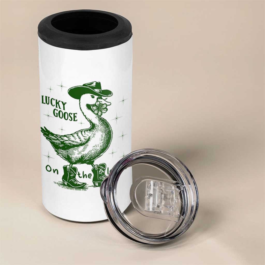 Funny St Patrick's Day Lucky Goose On The Loose 4 in 1 Can Cooler Tumbler Cowboy Goose Shamrock