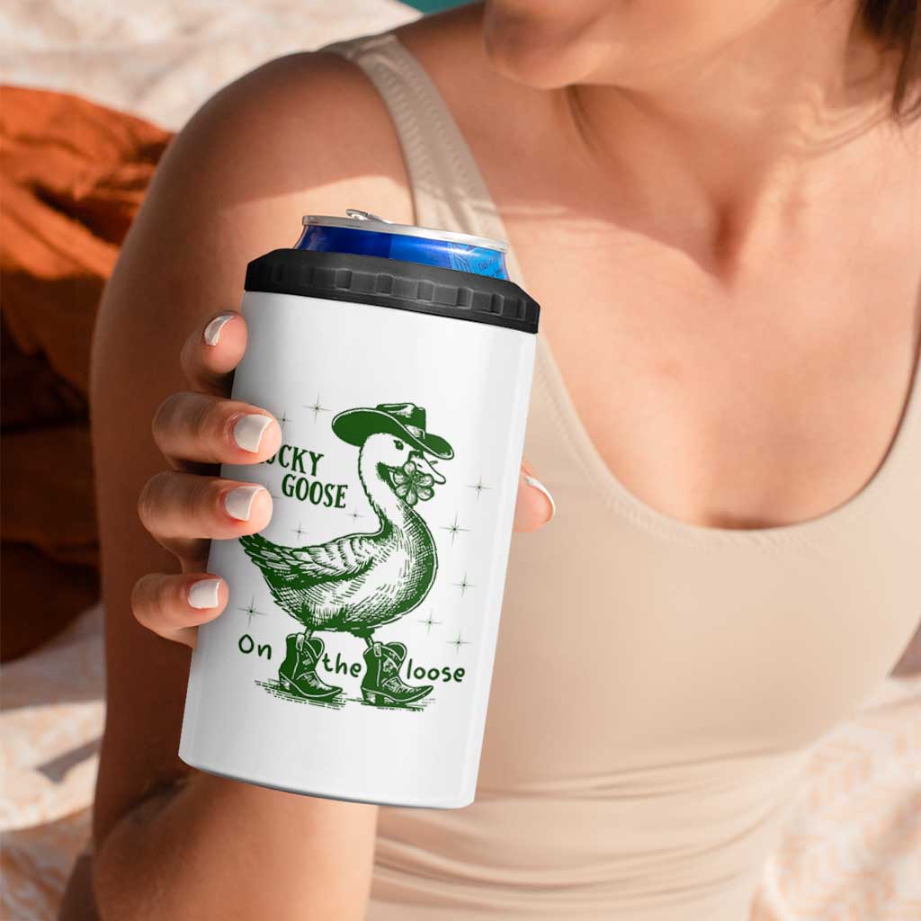 Funny St Patrick's Day Lucky Goose On The Loose 4 in 1 Can Cooler Tumbler Cowboy Goose Shamrock