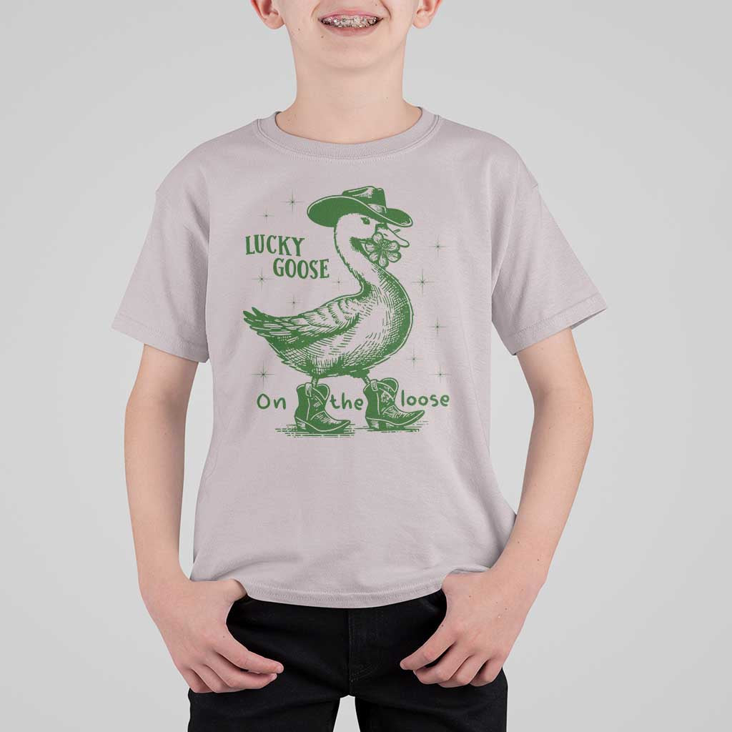 Funny St Patrick's Day Lucky Goose On The Loose T Shirt For Kid Cowboy Goose Shamrock