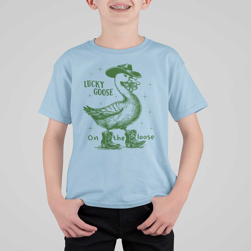 Funny St Patrick's Day Lucky Goose On The Loose T Shirt For Kid Cowboy Goose Shamrock