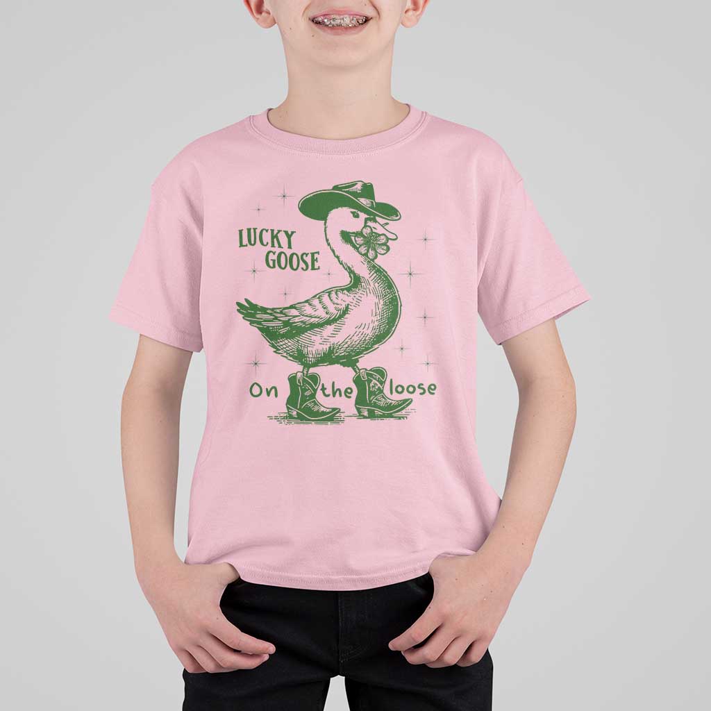 Funny St Patrick's Day Lucky Goose On The Loose T Shirt For Kid Cowboy Goose Shamrock
