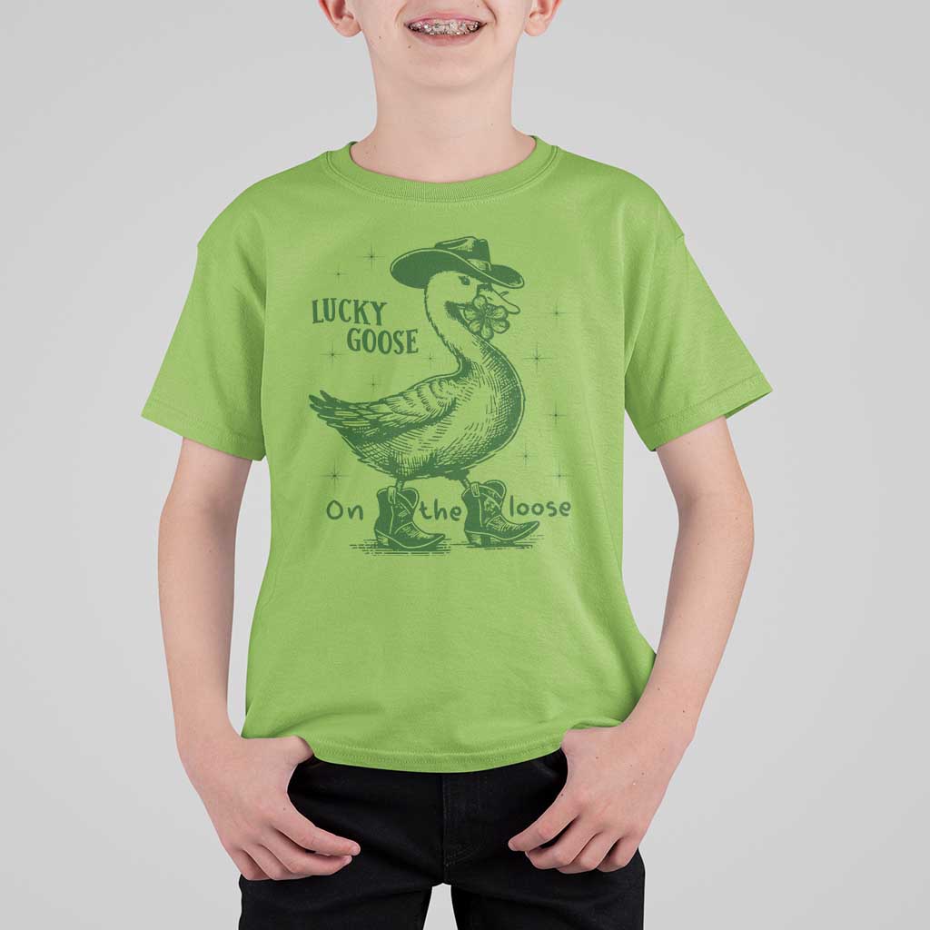Funny St Patrick's Day Lucky Goose On The Loose T Shirt For Kid Cowboy Goose Shamrock