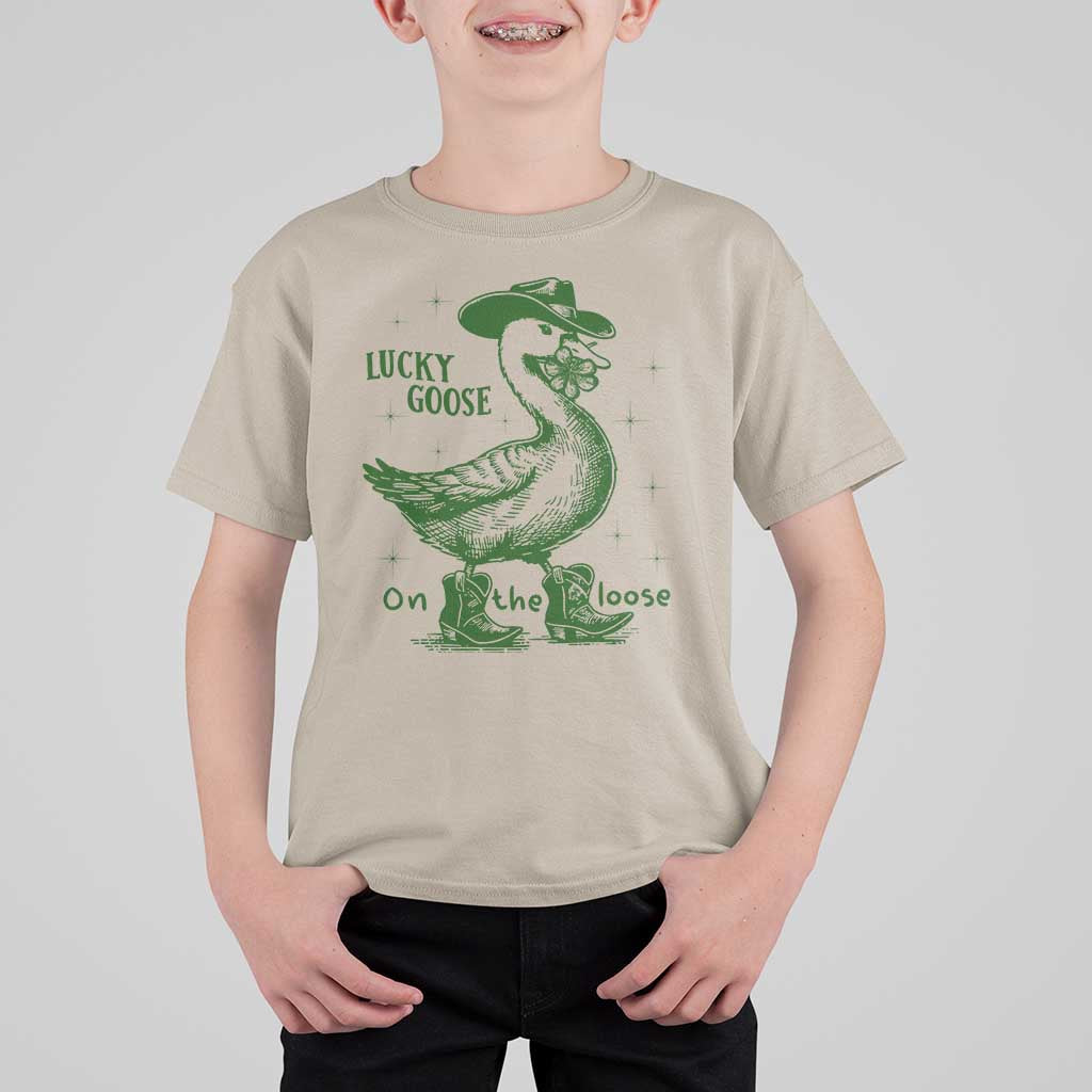 Funny St Patrick's Day Lucky Goose On The Loose T Shirt For Kid Cowboy Goose Shamrock