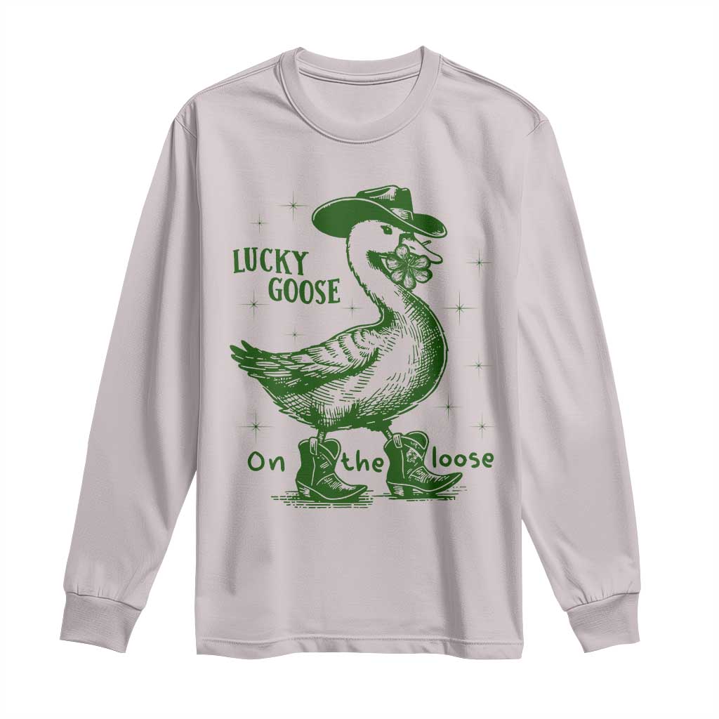 Funny St Patrick's Day Lucky Goose On The Loose Long Sleeve Shirt Cowboy Goose Shamrock
