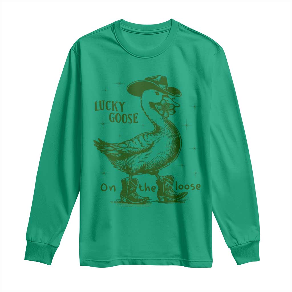 Funny St Patrick's Day Lucky Goose On The Loose Long Sleeve Shirt Cowboy Goose Shamrock
