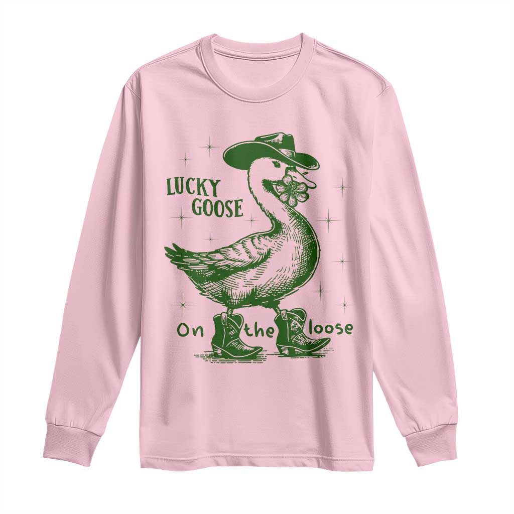 Funny St Patrick's Day Lucky Goose On The Loose Long Sleeve Shirt Cowboy Goose Shamrock