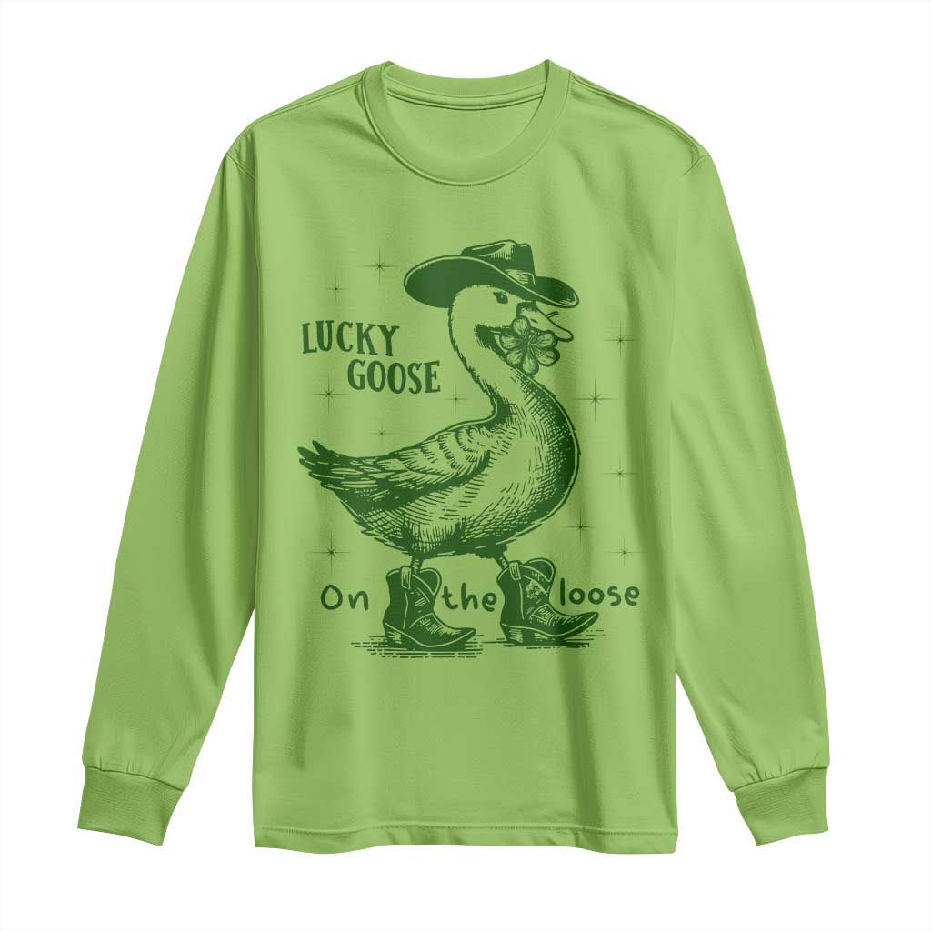 Funny St Patrick's Day Lucky Goose On The Loose Long Sleeve Shirt Cowboy Goose Shamrock