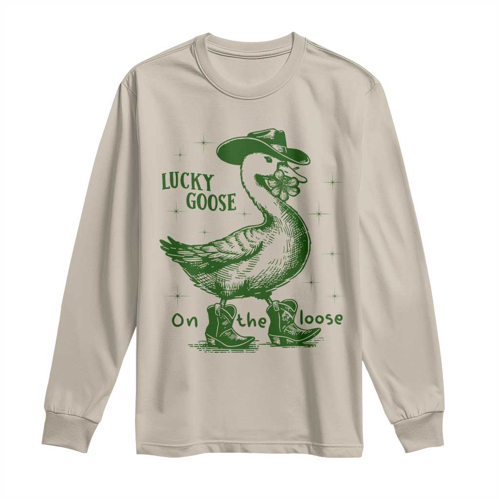 Funny St Patrick's Day Lucky Goose On The Loose Long Sleeve Shirt Cowboy Goose Shamrock
