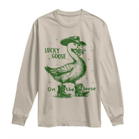 Funny St Patrick's Day Lucky Goose On The Loose Long Sleeve Shirt Cowboy Goose Shamrock