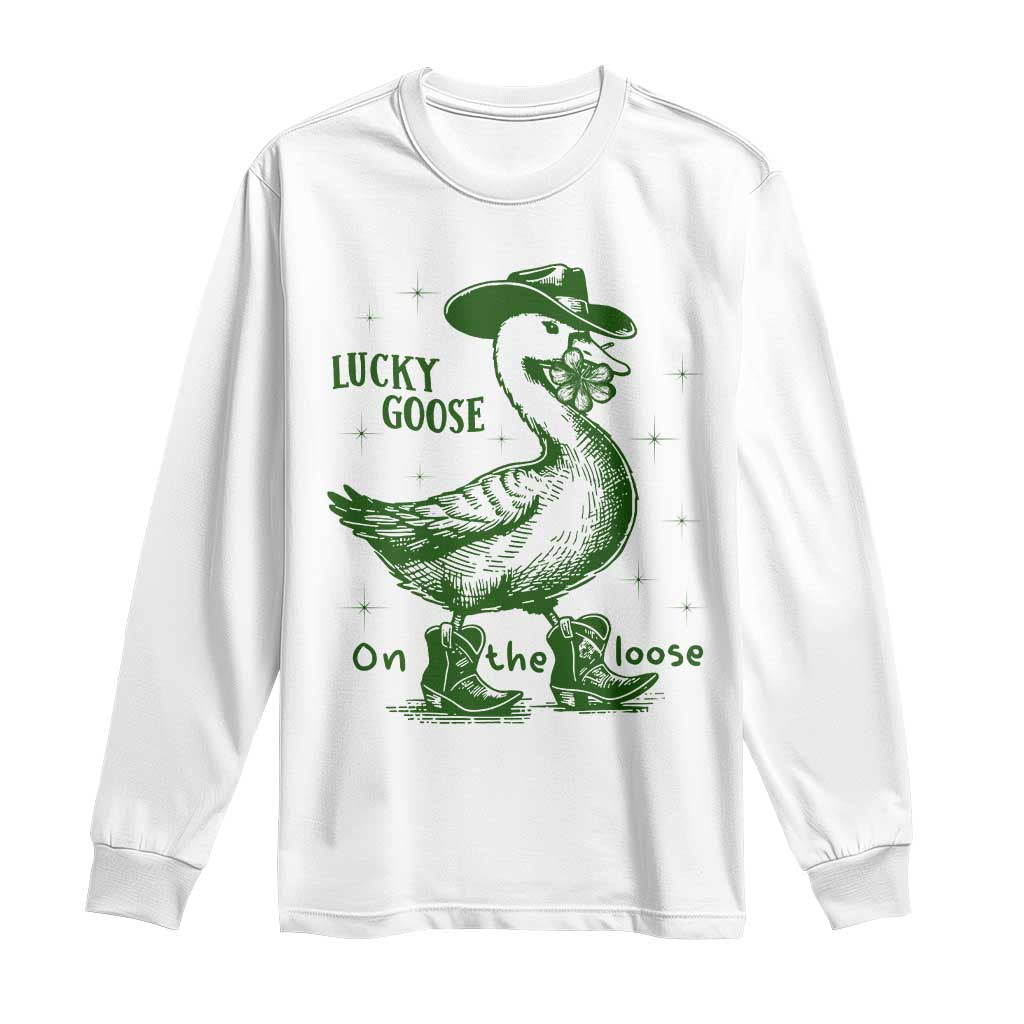 Funny St Patrick's Day Lucky Goose On The Loose Long Sleeve Shirt Cowboy Goose Shamrock