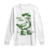 Funny St Patrick's Day Lucky Goose On The Loose Long Sleeve Shirt Cowboy Goose Shamrock