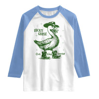Funny St Patrick's Day Lucky Goose On The Loose Raglan Shirt Cowboy Goose Shamrock