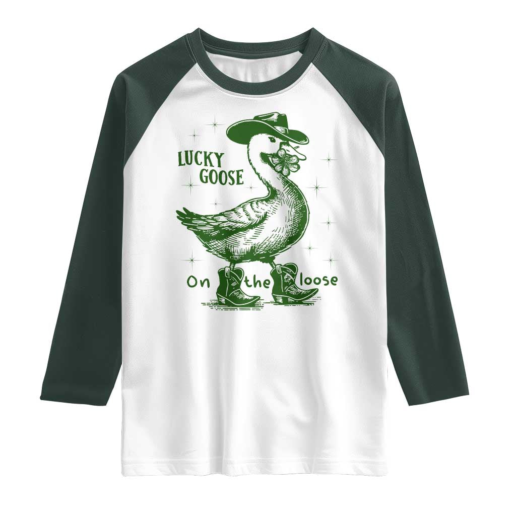 Funny St Patrick's Day Lucky Goose On The Loose Raglan Shirt Cowboy Goose Shamrock