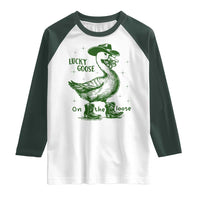 Funny St Patrick's Day Lucky Goose On The Loose Raglan Shirt Cowboy Goose Shamrock