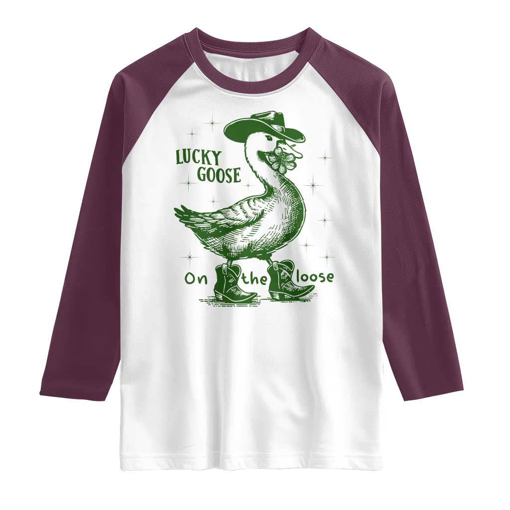 Funny St Patrick's Day Lucky Goose On The Loose Raglan Shirt Cowboy Goose Shamrock