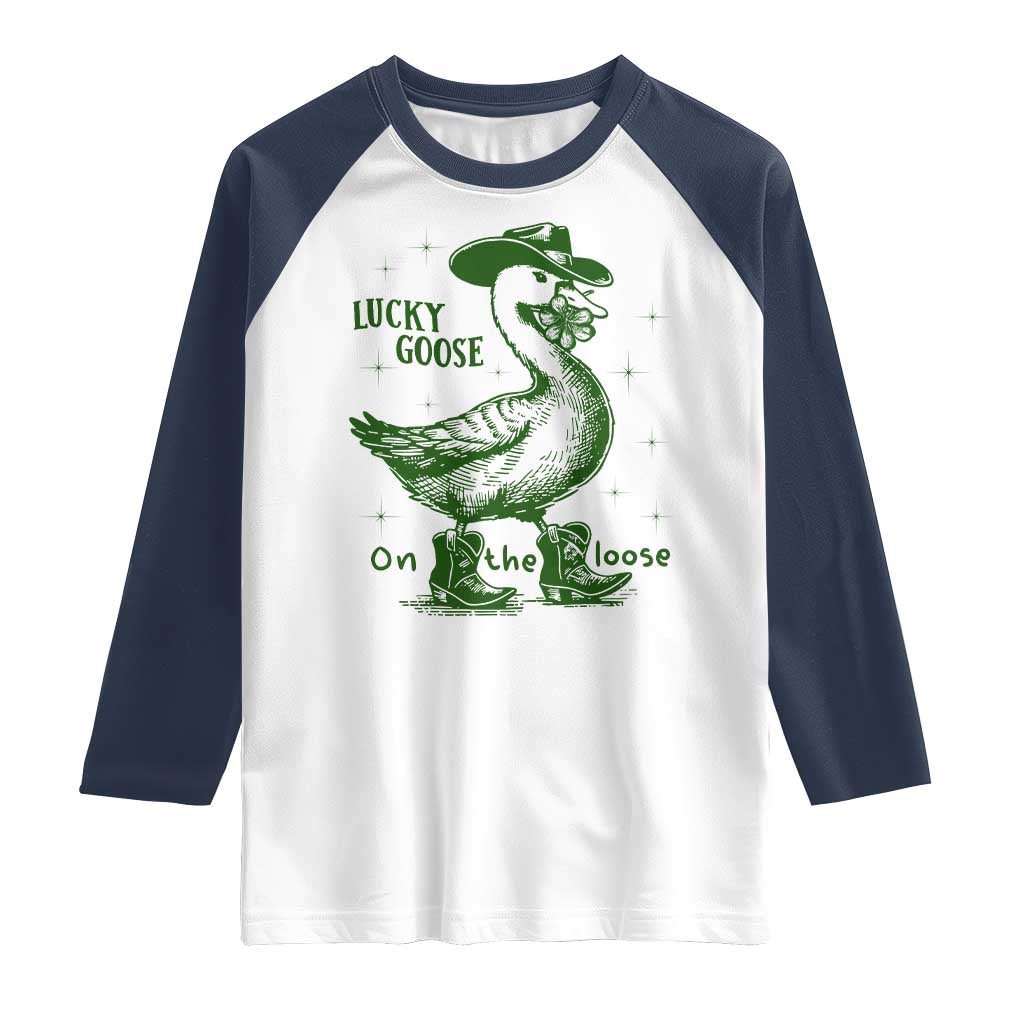 Funny St Patrick's Day Lucky Goose On The Loose Raglan Shirt Cowboy Goose Shamrock
