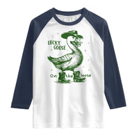 Funny St Patrick's Day Lucky Goose On The Loose Raglan Shirt Cowboy Goose Shamrock