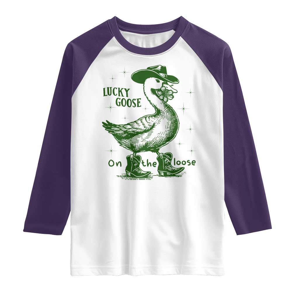 Funny St Patrick's Day Lucky Goose On The Loose Raglan Shirt Cowboy Goose Shamrock