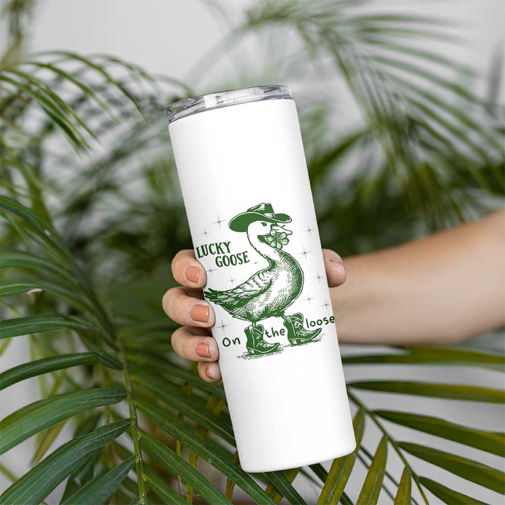 Funny St Patrick's Day Lucky Goose On The Loose Skinny Tumbler Cowboy Goose Shamrock