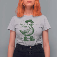 Funny St Patrick's Day Lucky Goose On The Loose T Shirt For Women Cowboy Goose Shamrock
