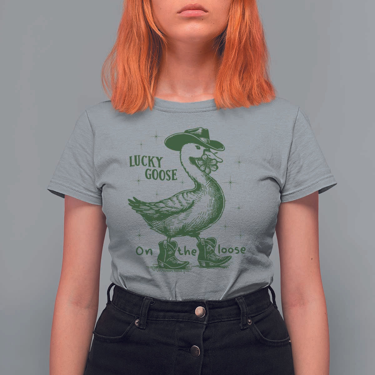 Funny St Patrick's Day Lucky Goose On The Loose T Shirt For Women Cowboy Goose Shamrock