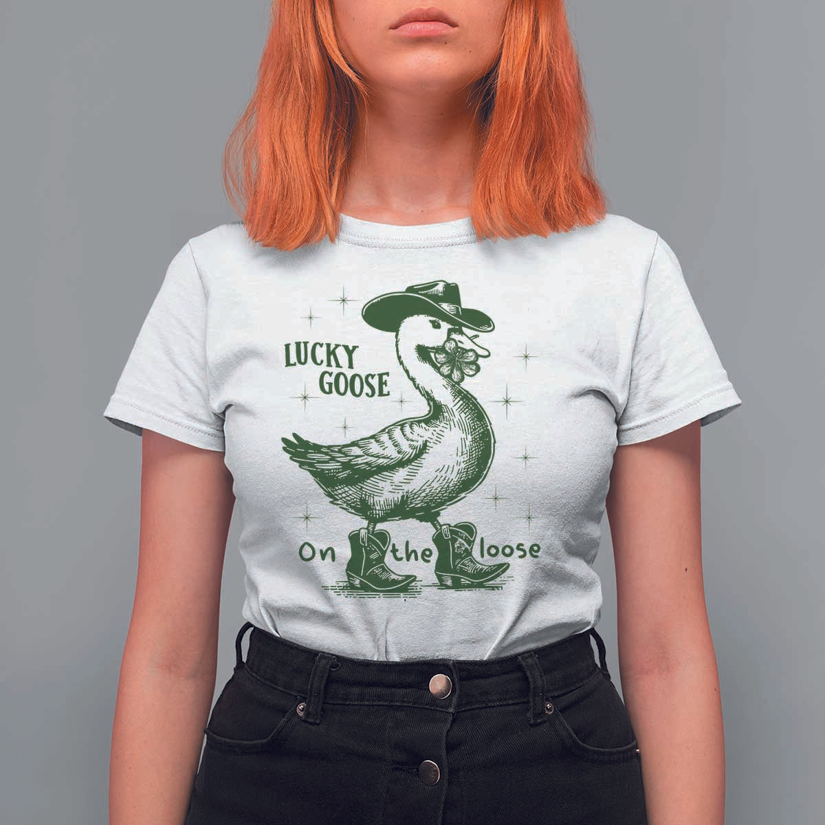 Funny St Patrick's Day Lucky Goose On The Loose T Shirt For Women Cowboy Goose Shamrock