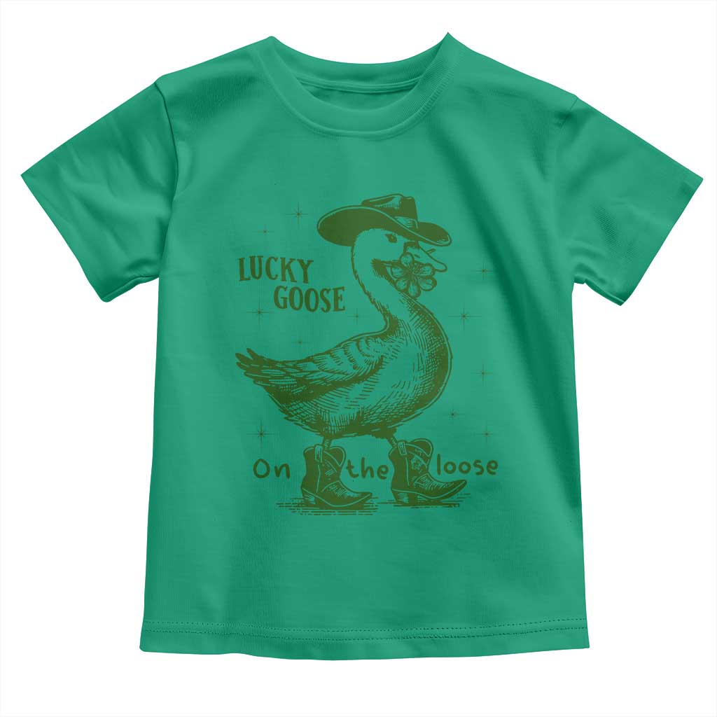 Funny St Patrick's Day Lucky Goose On The Loose Toddler T Shirt Cowboy Goose Shamrock