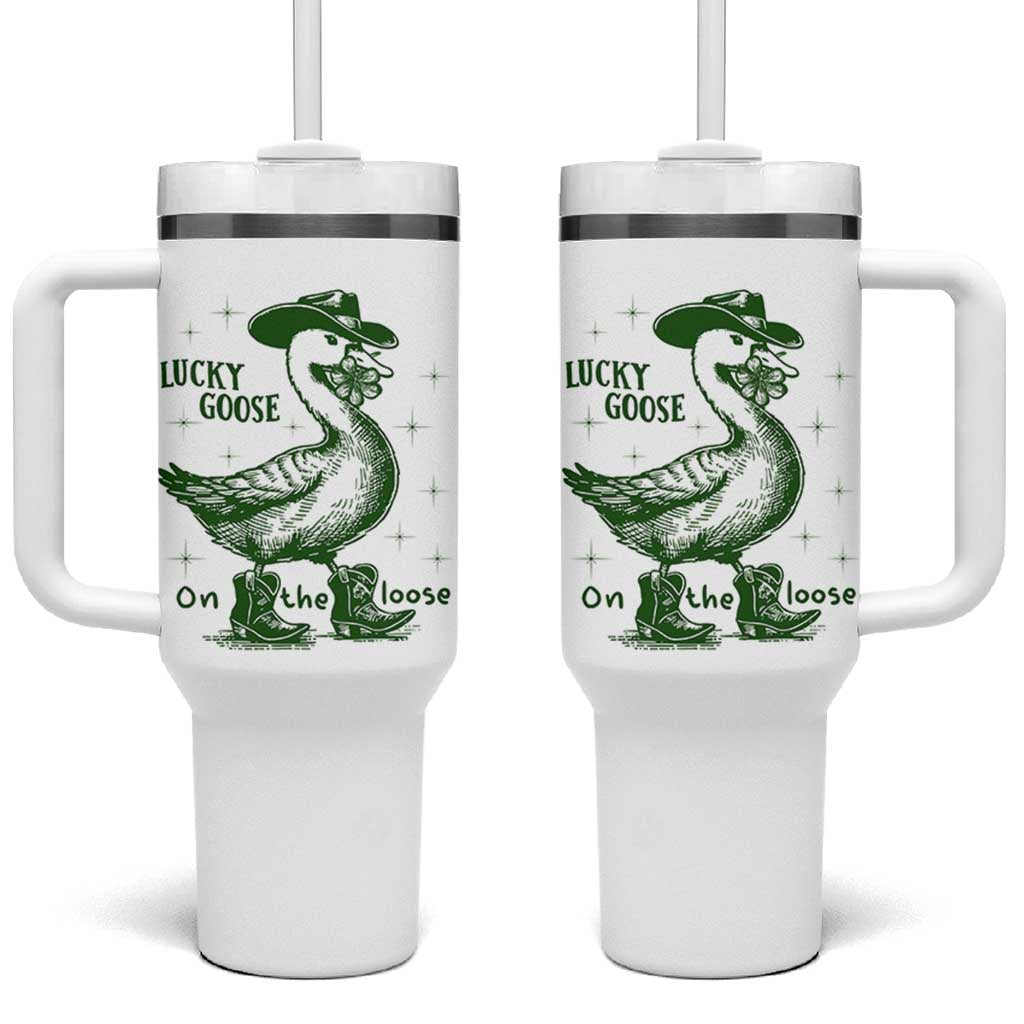 Funny St Patrick's Day Lucky Goose On The Loose Tumbler With Handle Cowboy Goose Shamrock
