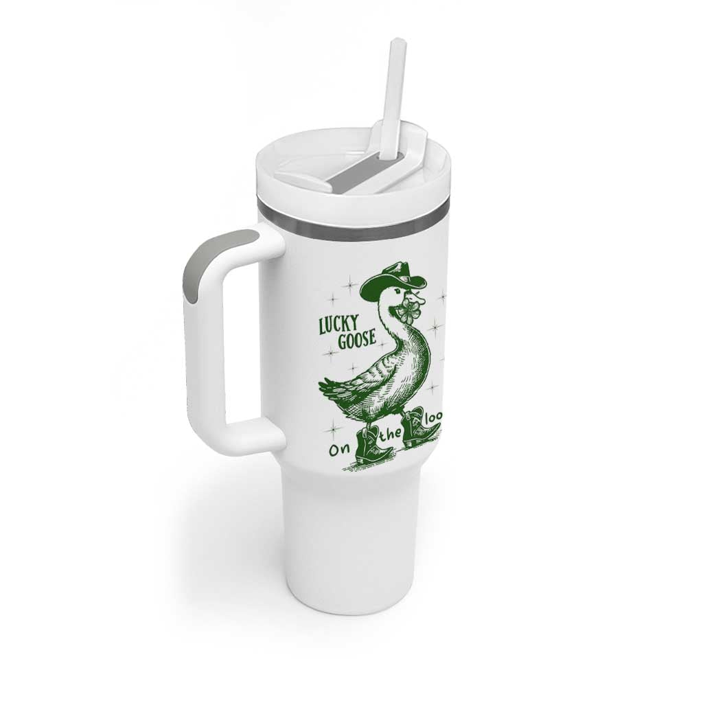 Funny St Patrick's Day Lucky Goose On The Loose Tumbler With Handle Cowboy Goose Shamrock