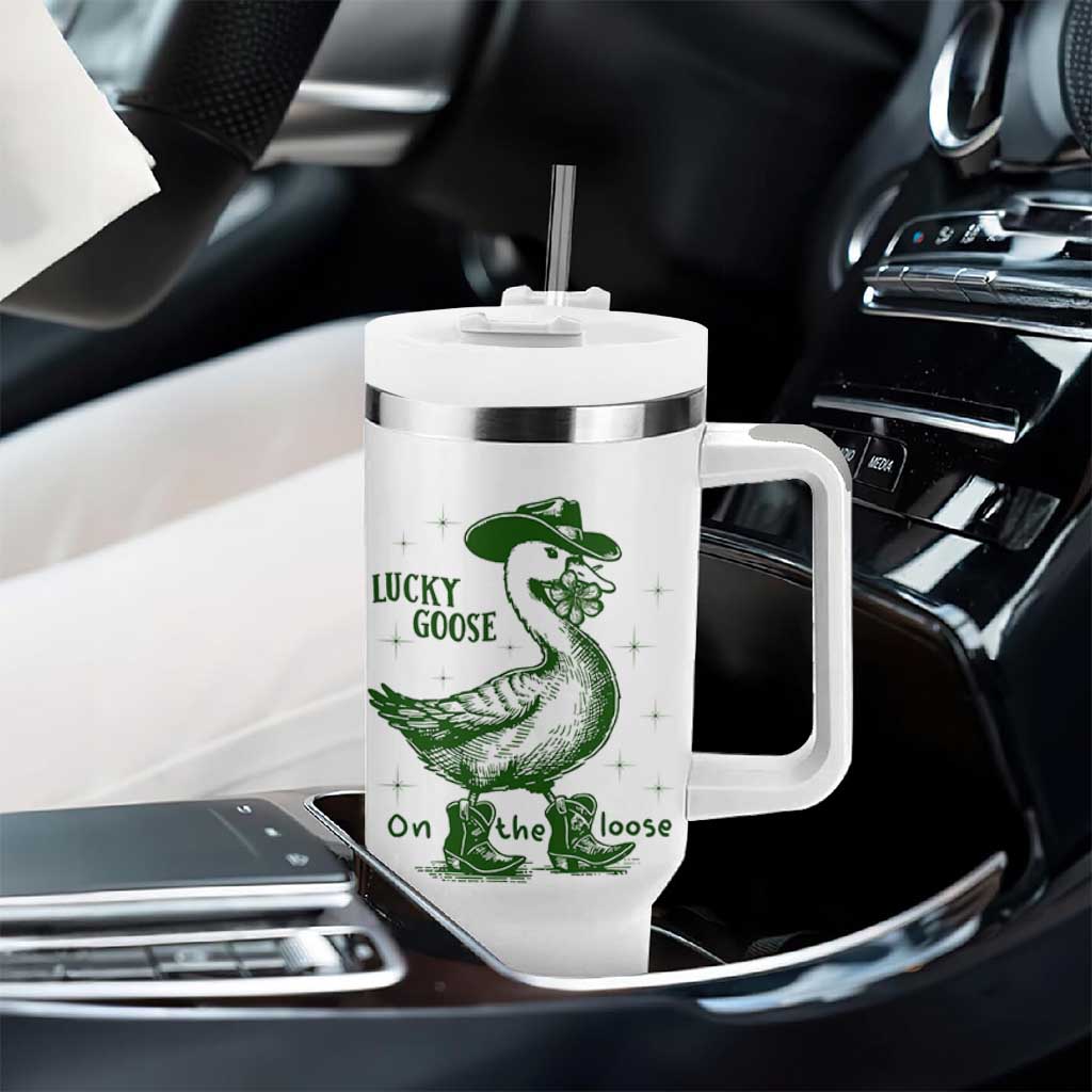 Funny St Patrick's Day Lucky Goose On The Loose Tumbler With Handle Cowboy Goose Shamrock