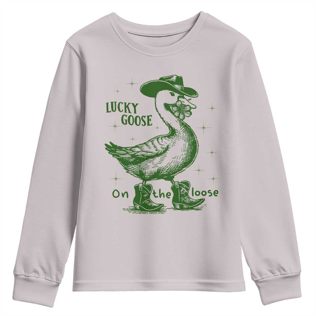 Funny St Patrick's Day Lucky Goose On The Loose Youth Sweatshirt Cowboy Goose Shamrock