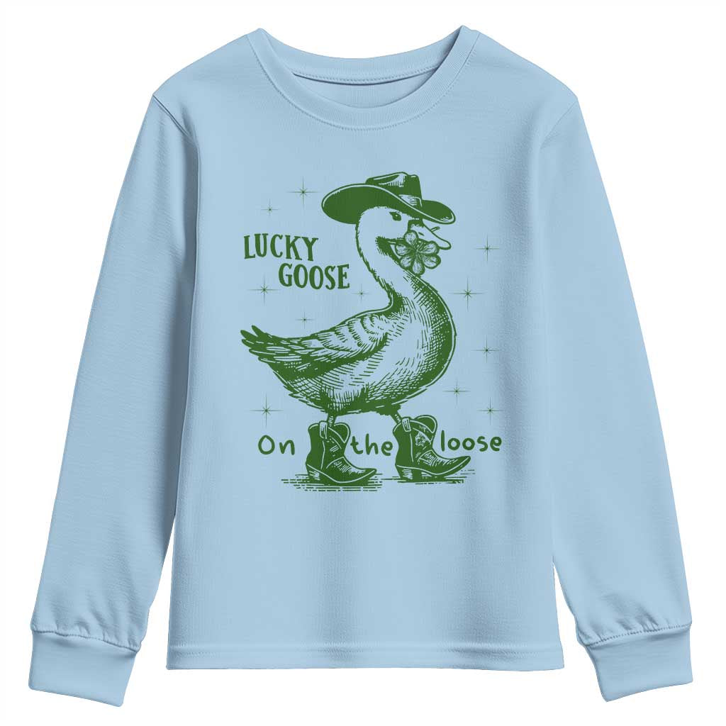 Funny St Patrick's Day Lucky Goose On The Loose Youth Sweatshirt Cowboy Goose Shamrock