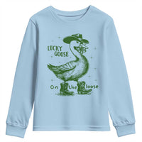 Funny St Patrick's Day Lucky Goose On The Loose Youth Sweatshirt Cowboy Goose Shamrock