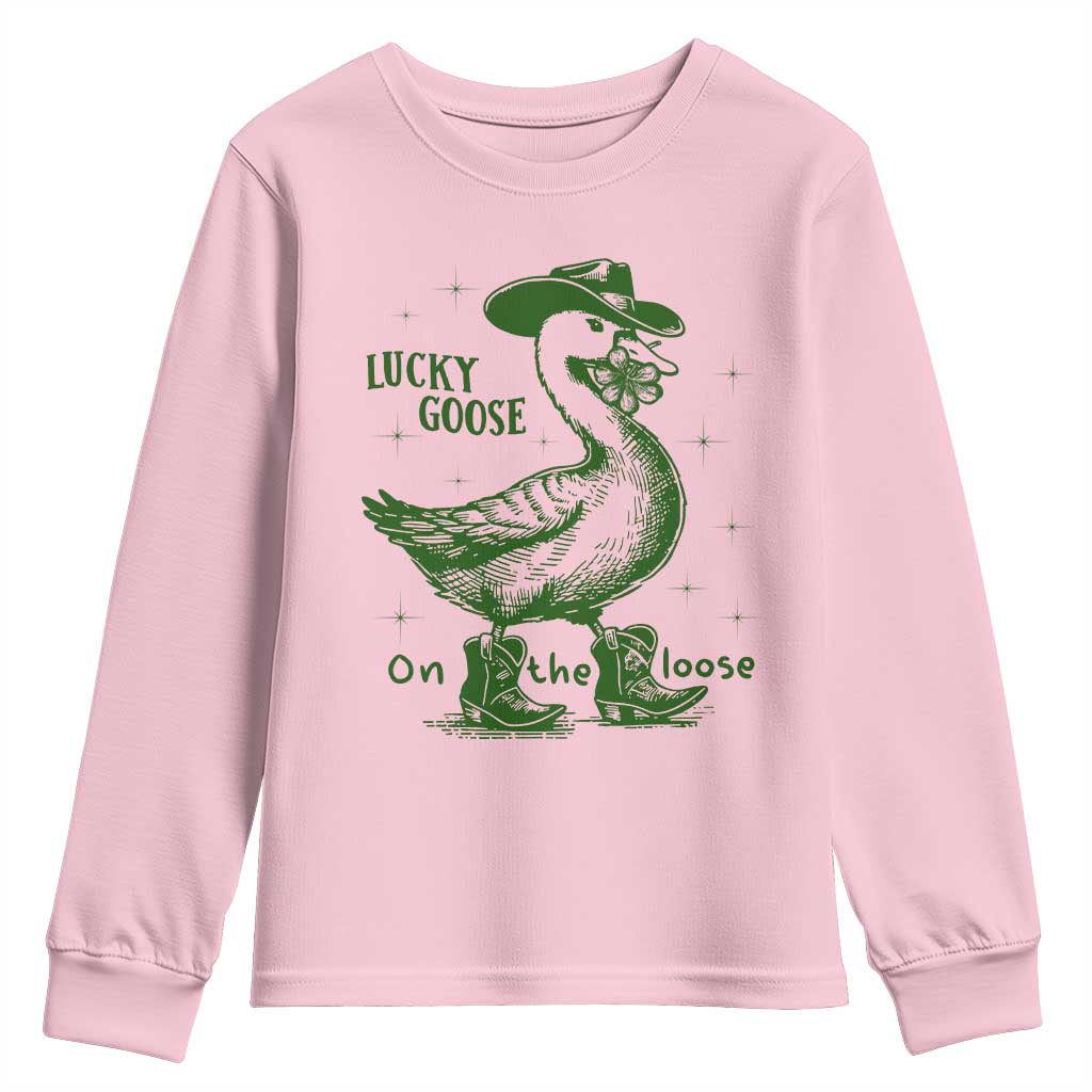 Funny St Patrick's Day Lucky Goose On The Loose Youth Sweatshirt Cowboy Goose Shamrock