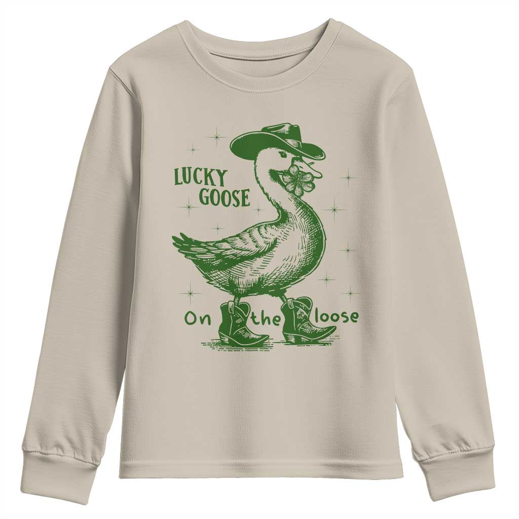 Funny St Patrick's Day Lucky Goose On The Loose Youth Sweatshirt Cowboy Goose Shamrock