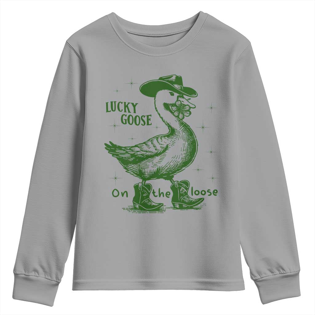Funny St Patrick's Day Lucky Goose On The Loose Youth Sweatshirt Cowboy Goose Shamrock