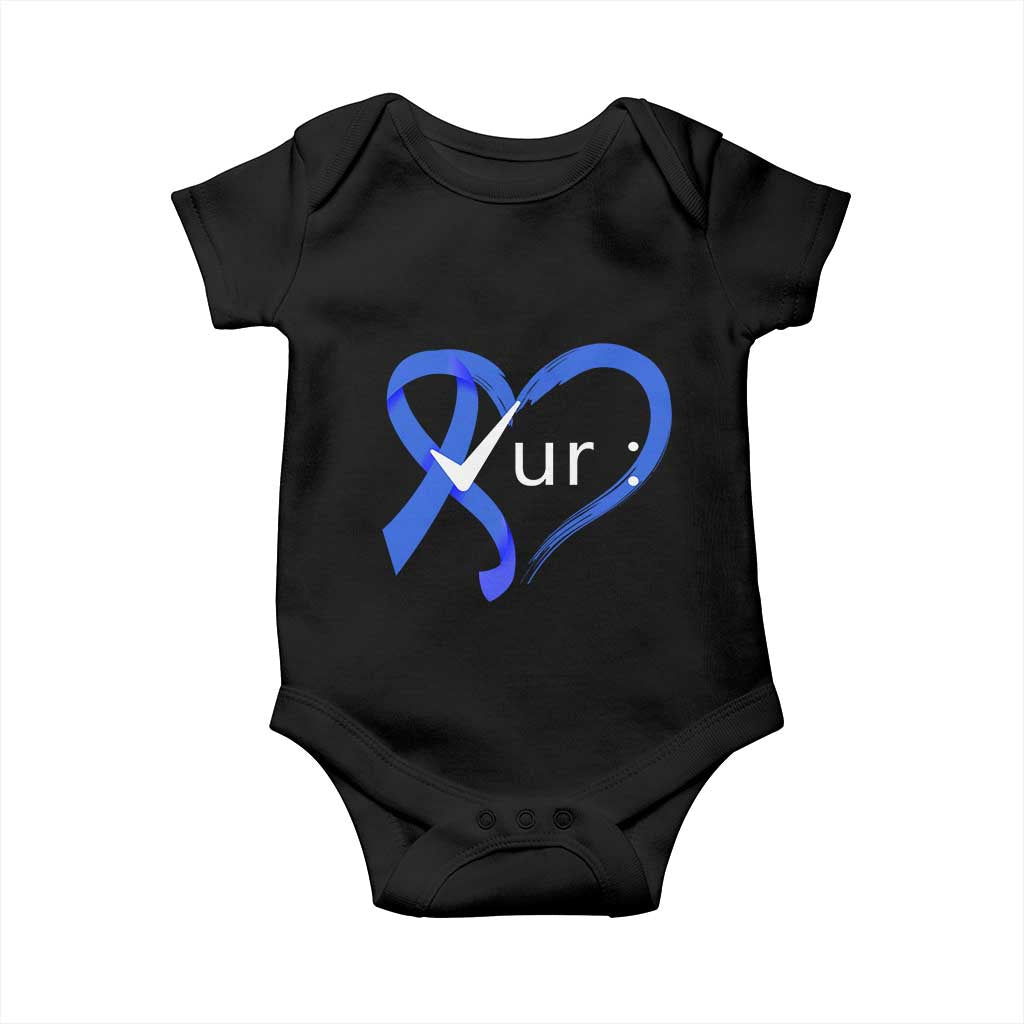 Funny Check Your Colon Colorectal Cancer Awareness Baby Onesie Dark Blue Ribbon Heart