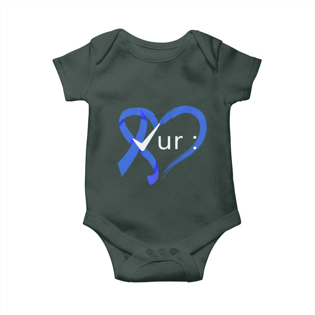 Funny Check Your Colon Colorectal Cancer Awareness Baby Onesie Dark Blue Ribbon Heart
