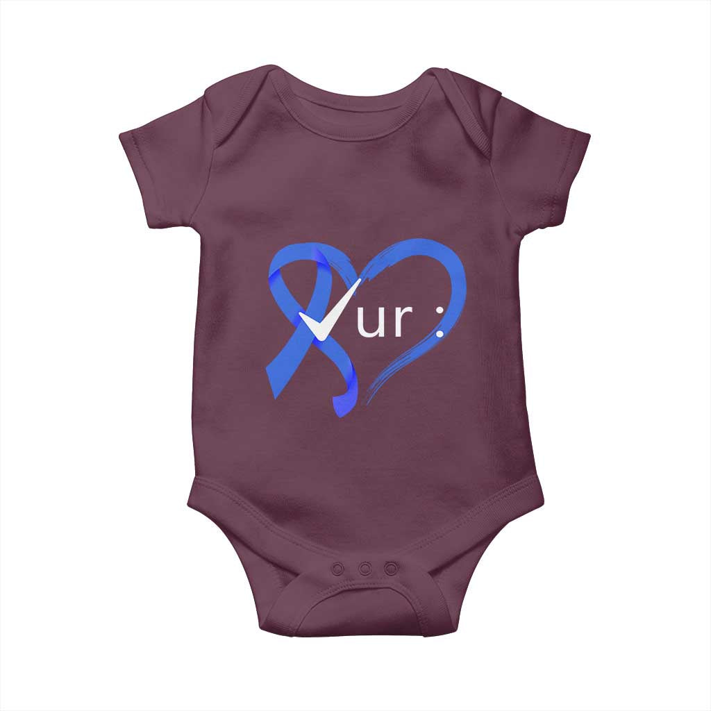 Funny Check Your Colon Colorectal Cancer Awareness Baby Onesie Dark Blue Ribbon Heart