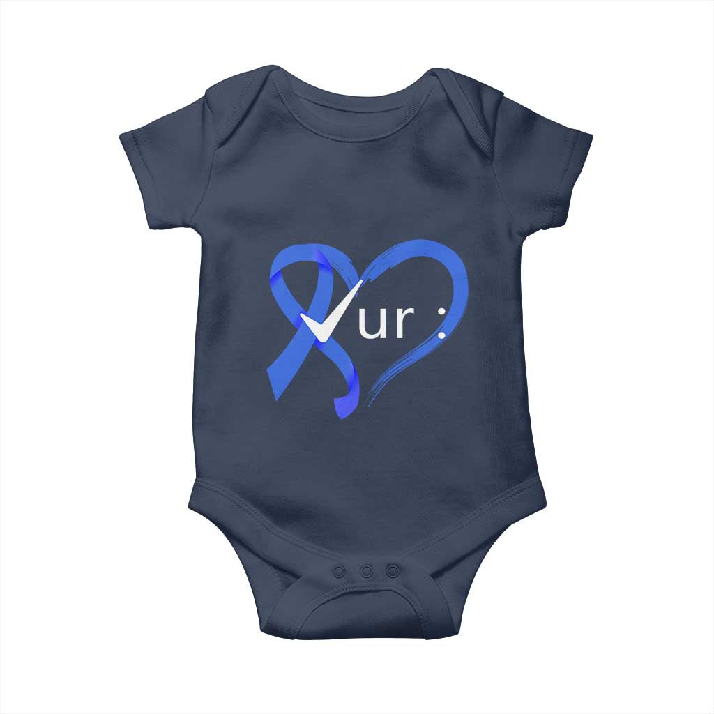Funny Check Your Colon Colorectal Cancer Awareness Baby Onesie Dark Blue Ribbon Heart